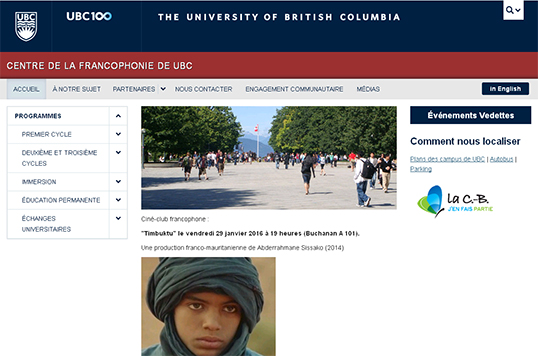 Le site web du Centre de la francophonie de l’Université de la Colombie-Britannique.