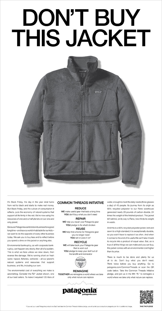 Don’t buy this jacket, campagne publicitaire parue dans le New York Times. | Photo de Patagonia
